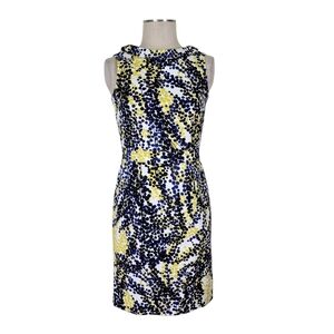 Boden Sheath Dress Size 4 4R Navy Yellow White Dots Peter Pan Collar Textured